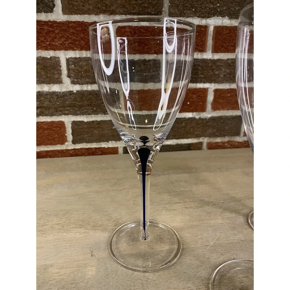 3 PIER 1 Hand-Blown Clear Water Wine Glasses Blue Tear Drop Stem Accent 8 5/8